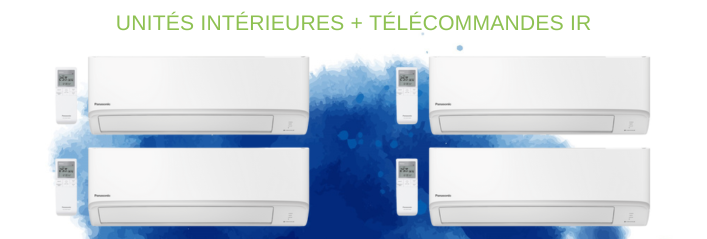 Composition du pack quadri-splits avec quatre unités intérieures TZ et quatre télécommandes infrarouge